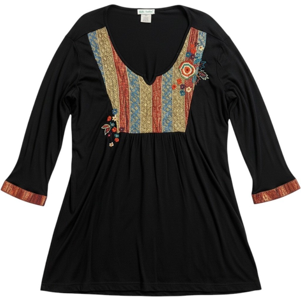Ulla Popken Black Rayon Embroidered Sequin Tunic Top Plus Size 20/22 Boho 15541